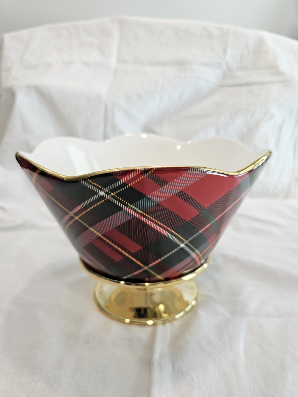 Vintage Teleflora Plaid Ceramic Pedestal Bowl
